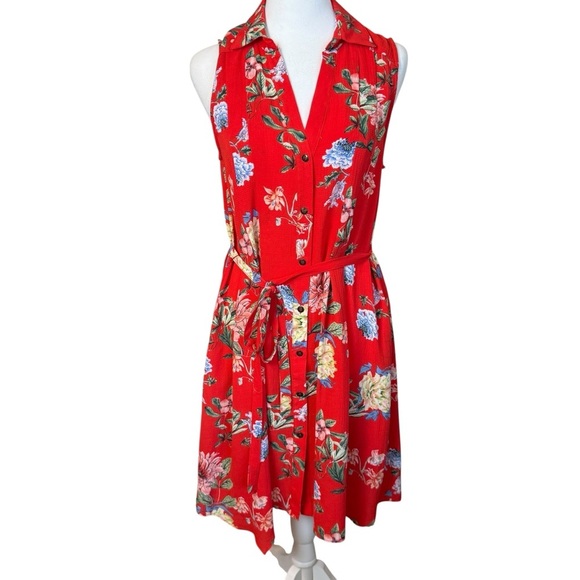 Umgee Red Floral Collared Shirt Dress Small Tie Waist Button Front Cottagecore - Picture 1 of 8